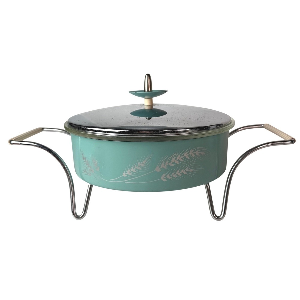 RARE Vtg Pyrex Atomic Turquoise Wheat 595 Chafing Serving Dish Chrome Cradle Lid